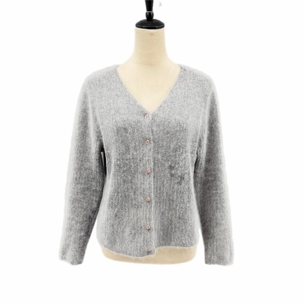 Xhilaration Y2K Vintage Gray Fuzzy Soft Button Up Ribbed Angora Knit Cardigan